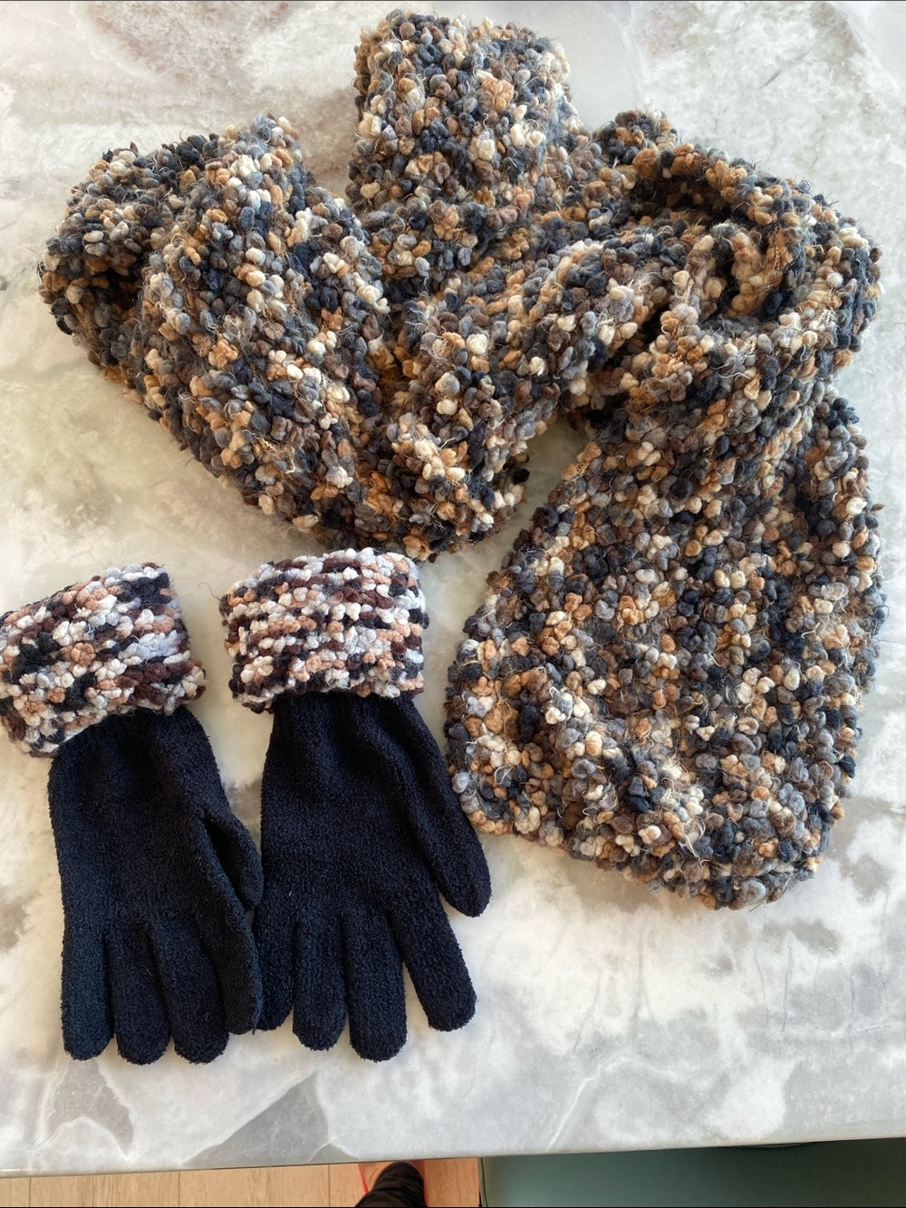Chunky Bouclé Scarf with Black Gloves - Neutral Multi